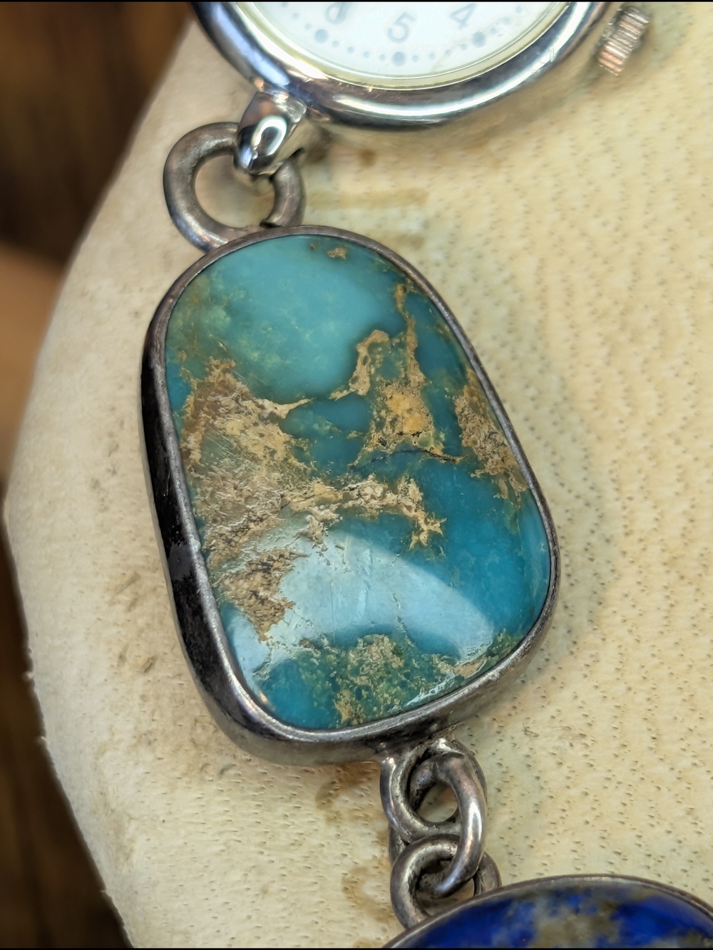 Signed J. Yates Navajo Sterling Silver Watch - Turquoise, Spiny Oyster, Scarab - Picture 7 of 12